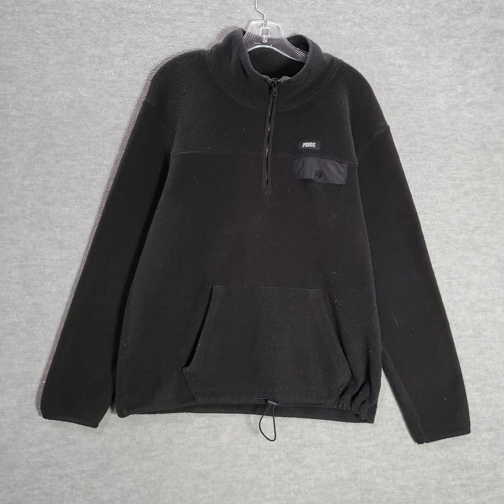 Pink Victorias Secret‎ Women Sweatshirt Medium Black Logo 1/4 Zip Long Sleeve